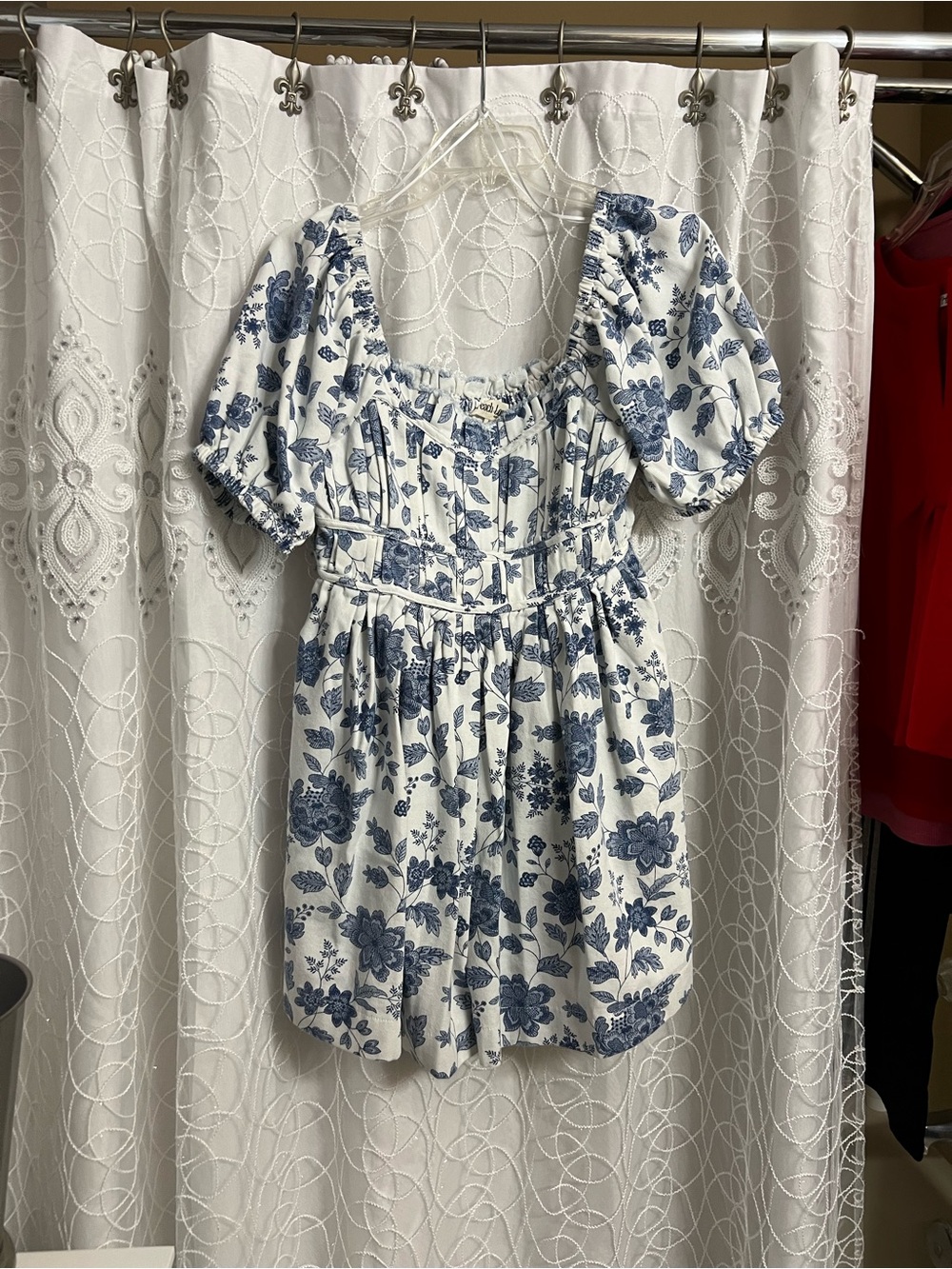 Peach Love California White Romper with Blue Floral Print and Puff Sleeves